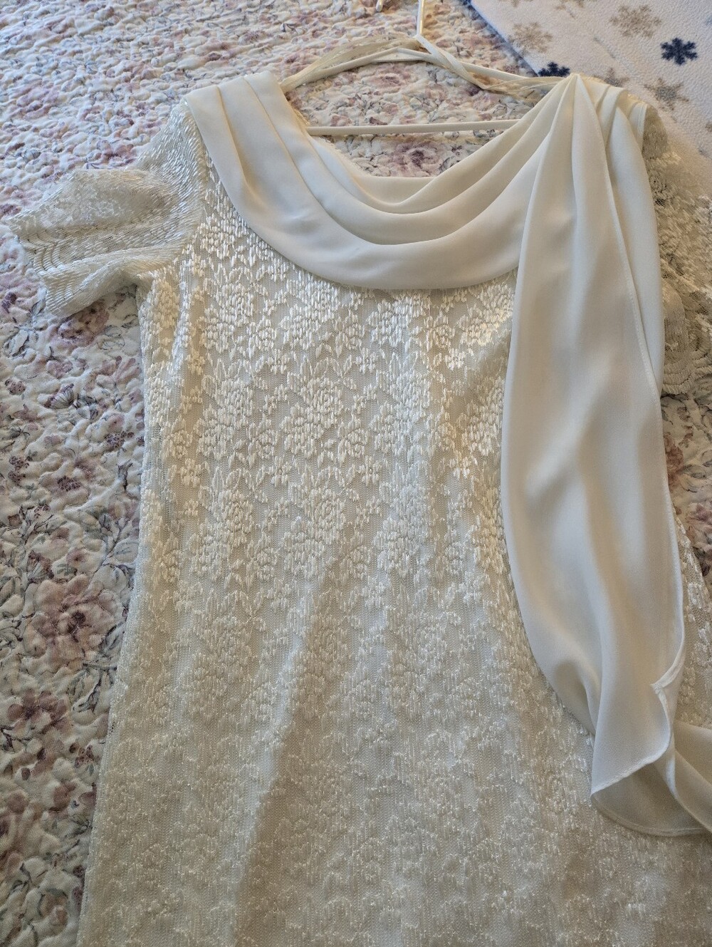 Elegant Cream Lace Wedding Dress with Draped Chiffon Scarf
